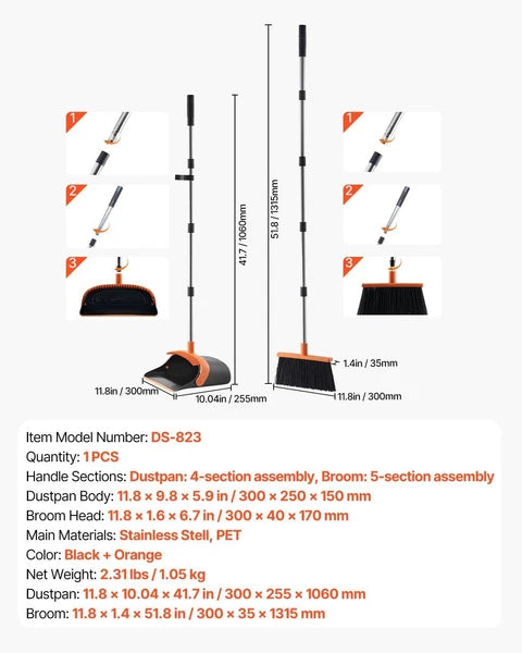 Self-Cleaning Dustpan & Broom Set - Metal Upright Stand, Heavy Duty,Black+Orange