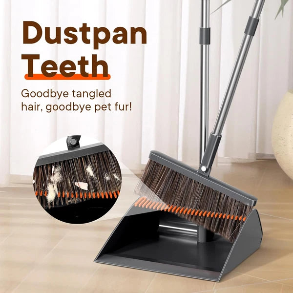 Broom and Dustpan Set with Cleaning Teeth 180° Rotating Upright Broom for Effort