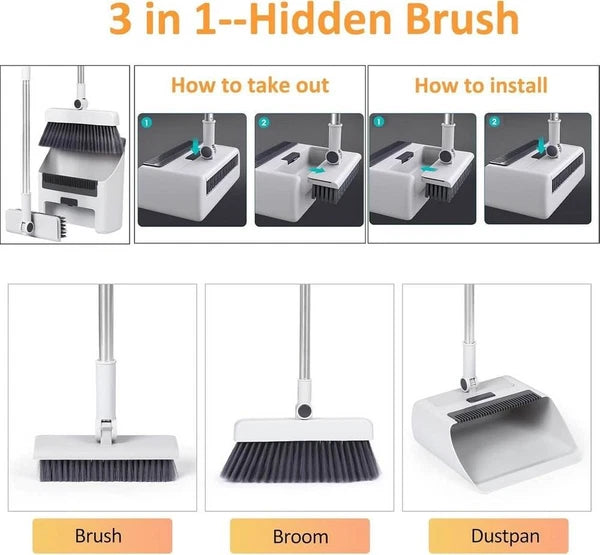 Broom with Dustpan Combo Set, 3 in 1 for Sweeping Indoor and Push Broom Outdoor