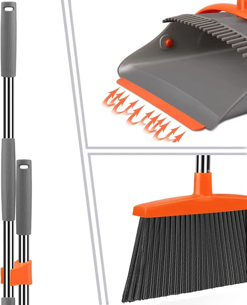 Broom and Dustpan Set, Long Handle, Indoor & Outdoor, Gray & Orange