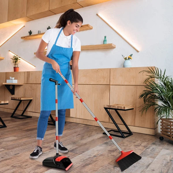 Upright Broom and Dustpan Set 55" Long Handle Indoor Sweep Red Home Office