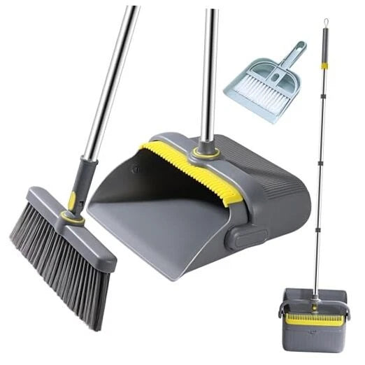 Broom and Dustpan Set with 54" Long Handle, Windproof Stand Up Dustpan with