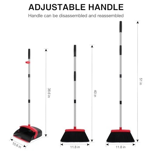Broom and Dustpan Set, 52-in Long Adjustable Handle Broom 2 Pack Black Red