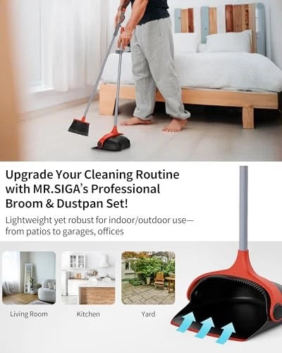 Broom and Dustpan Set with Long Handle, Stand Upright Broom with Black & Red