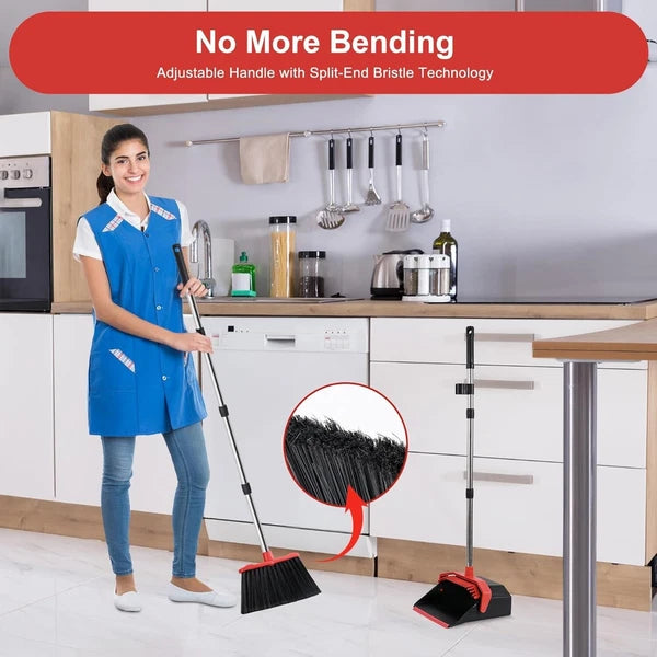 Large Upright Dustpan and Broom Set with Self-Cleaning Technology - 12" Wide