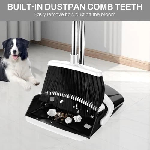 Broom and Dustpan Set for Home, 51-in Long Adjustable Handle Medium Black White