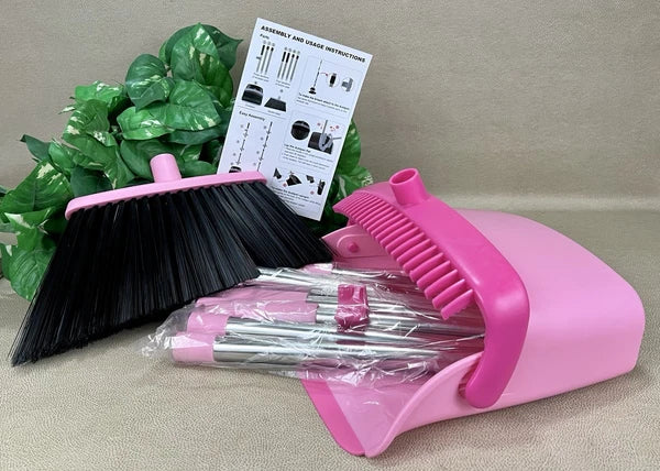 XXFLOWER Broom & Dustpan Set - Unique Pink & Metal Combo