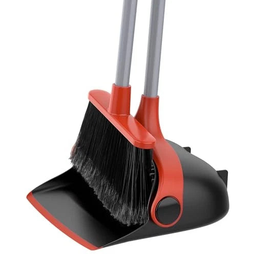 Broom and Dustpan Set with Long Handle, Stand Upright Broom with Black & Red
