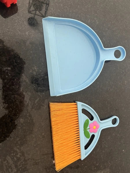 Kids Broom and Dustpan Set Mini Toy Cleaning Flower Design 9" Blue & Orange