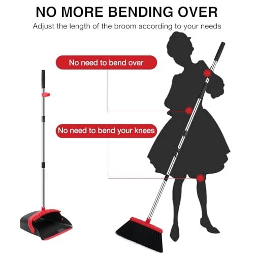 Broom and Dustpan Set, 52-in Long Adjustable Handle Broom 2 Pack Black Red
