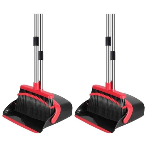 Broom and Dustpan Set, 52-in Long Adjustable Handle Broom 2 Pack Black Red