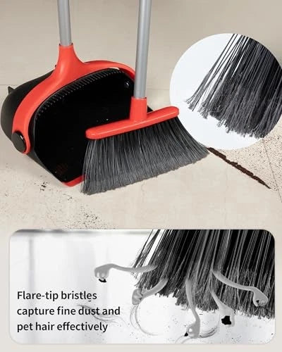 Broom and Dustpan Set with Long Handle, Stand Upright Broom with Black & Red