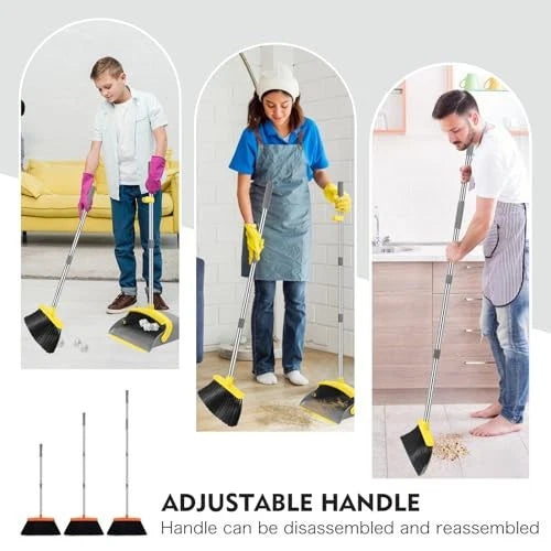 Broom and Dustpan Set, 55-in Long Adjustable Handle Broom Dustpan Grey Yellow