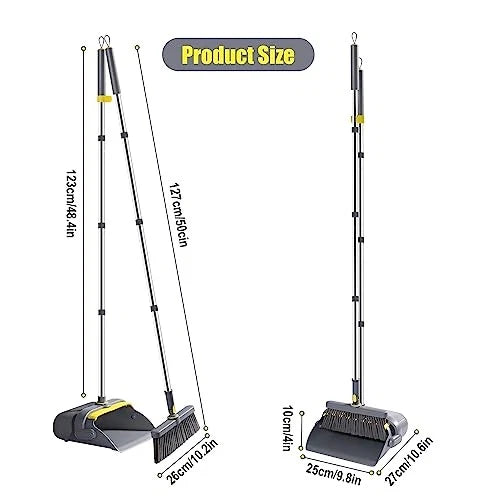 Broom and Dustpan Set with 54" Long Handle, Windproof Stand Up Dustpan with
