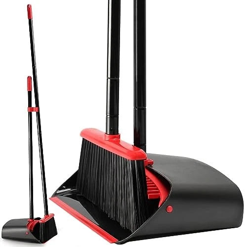 Broom and Dustpan Set for Home,Upright Broom and Dustpan Combo Sweep Red/Black