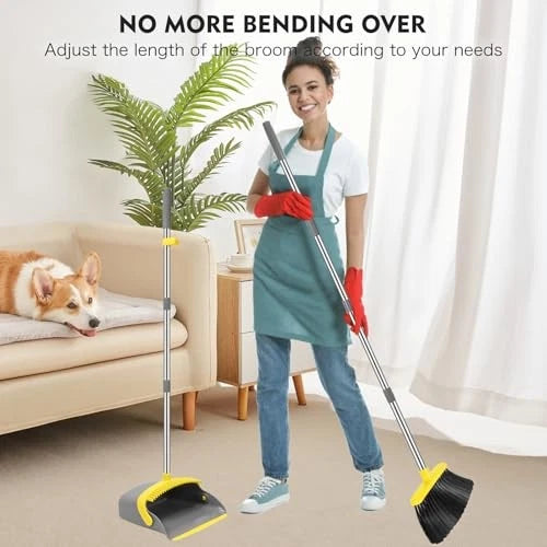 Broom and Dustpan Set, 55-in Long Adjustable Handle Broom Dustpan Grey Yellow