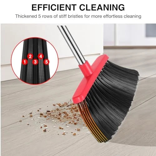 Broom and Dustpan Set, 52-in Long Adjustable Handle Broom Medium Black Red