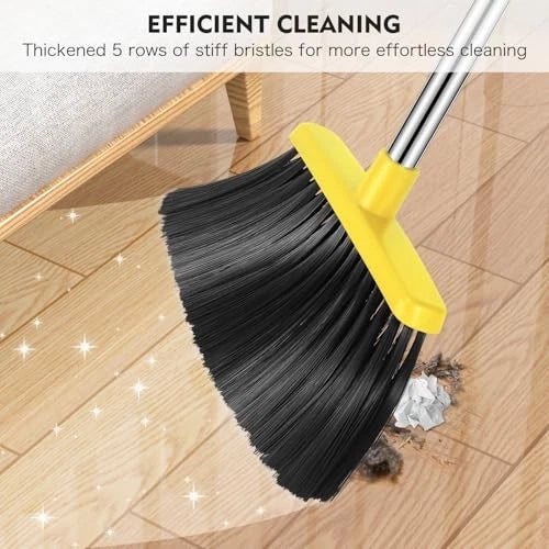 Broom and Dustpan Set, 55-in Long Adjustable Handle Broom Dustpan Grey Yellow