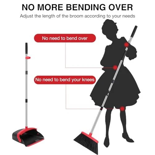 Broom and Dustpan Set, 52-in Long Adjustable Handle Broom Medium Black Red
