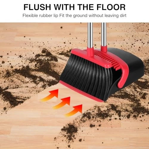 Broom and Dustpan Set, 52-in Long Adjustable Handle Broom Medium Black Red
