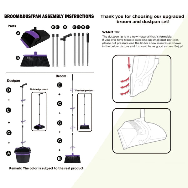 Broom And Dustpan Set Upright Purple Broom With Dustpan Combo Set 51" Long Handl
