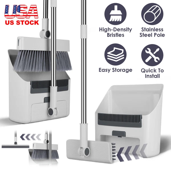 Heavy Duty Broom And Dustpan Combo Set W/ Squeegee Stylish Grey Handle Perfect