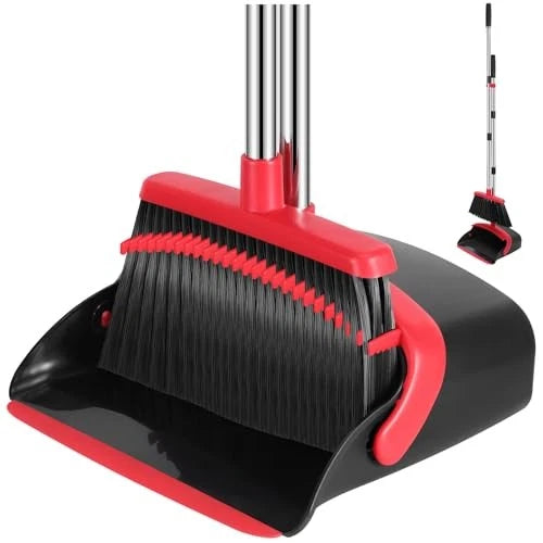 Broom and Dustpan Set, 52-in Long Adjustable Handle Broom Medium Black Red
