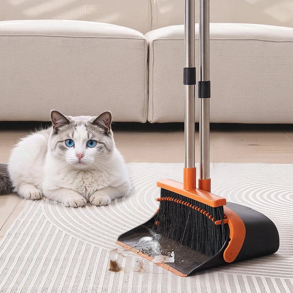 Self-Cleaning Dustpan & Broom Set - Metal Upright Stand, Heavy Duty,Black+Orange
