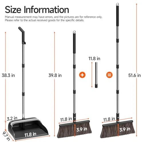 Broom with Dustpan, 51.6" Adjustable Long Handle with 2 Replaceable Broom